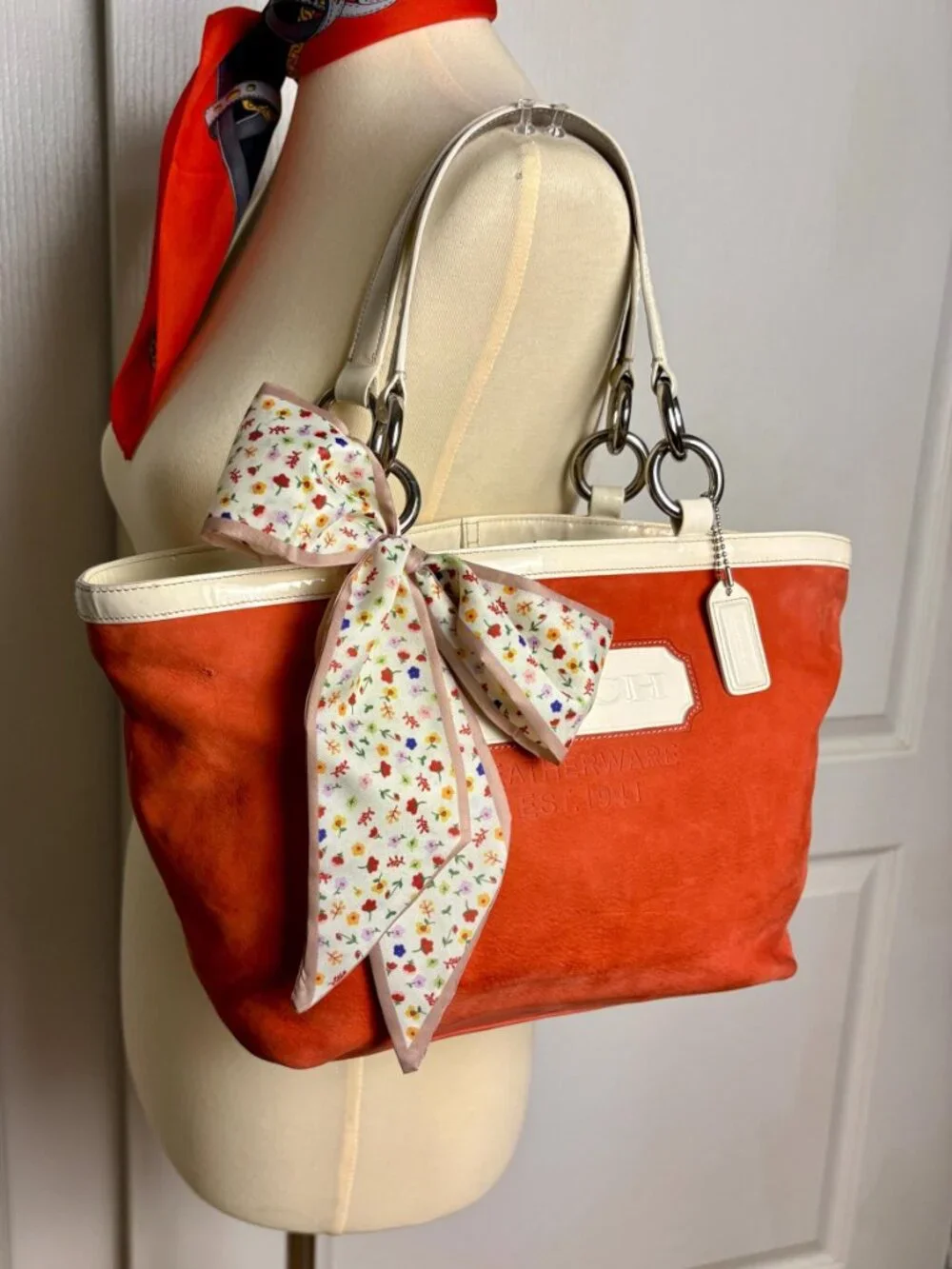 Coach Rare Vintage Hamptons Vermilion Suede Tote with Scarf